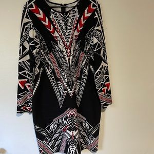 Black white red body con long sleeve dress